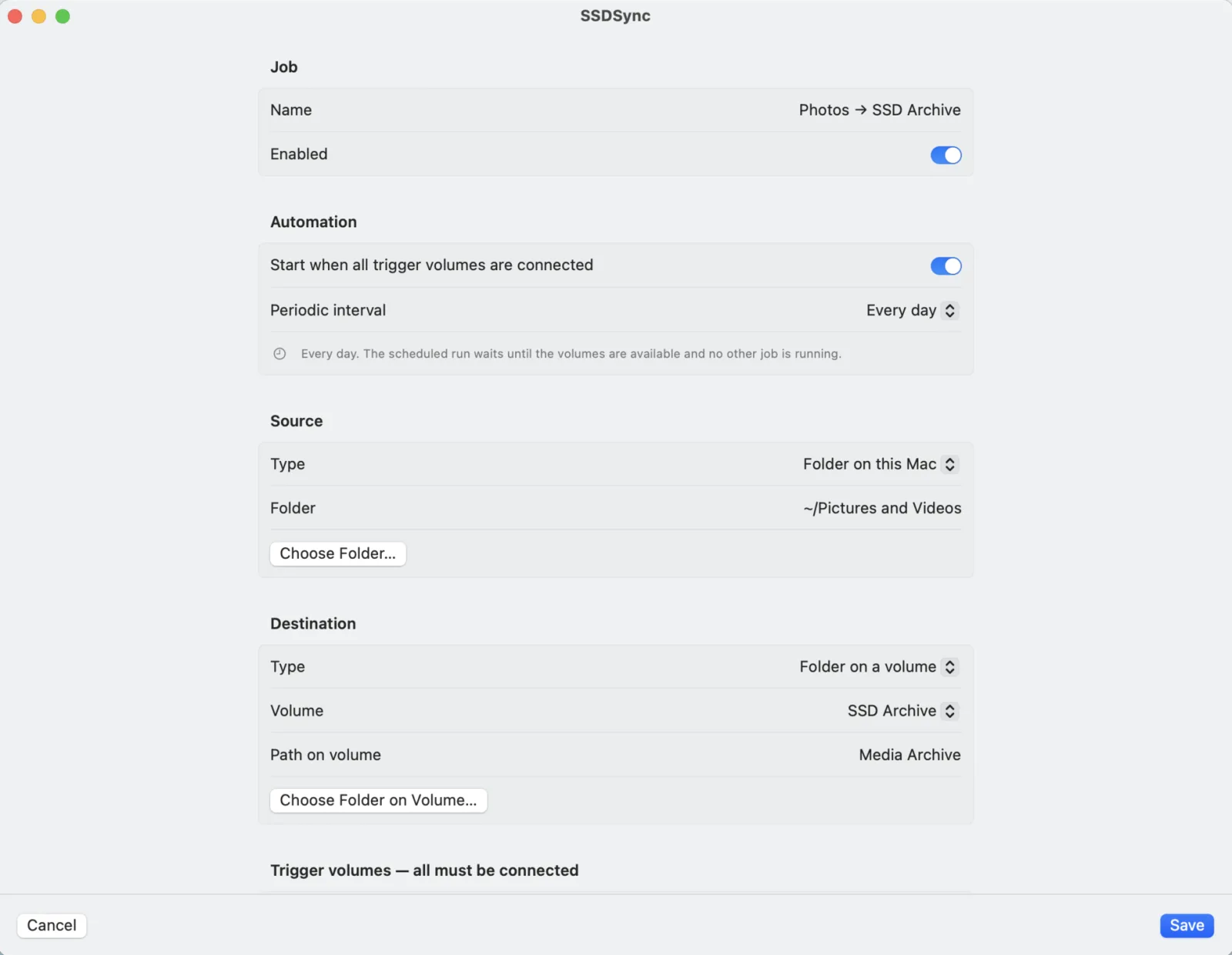 Job editor with automation toggle, schedule interval, source folder and destination volume