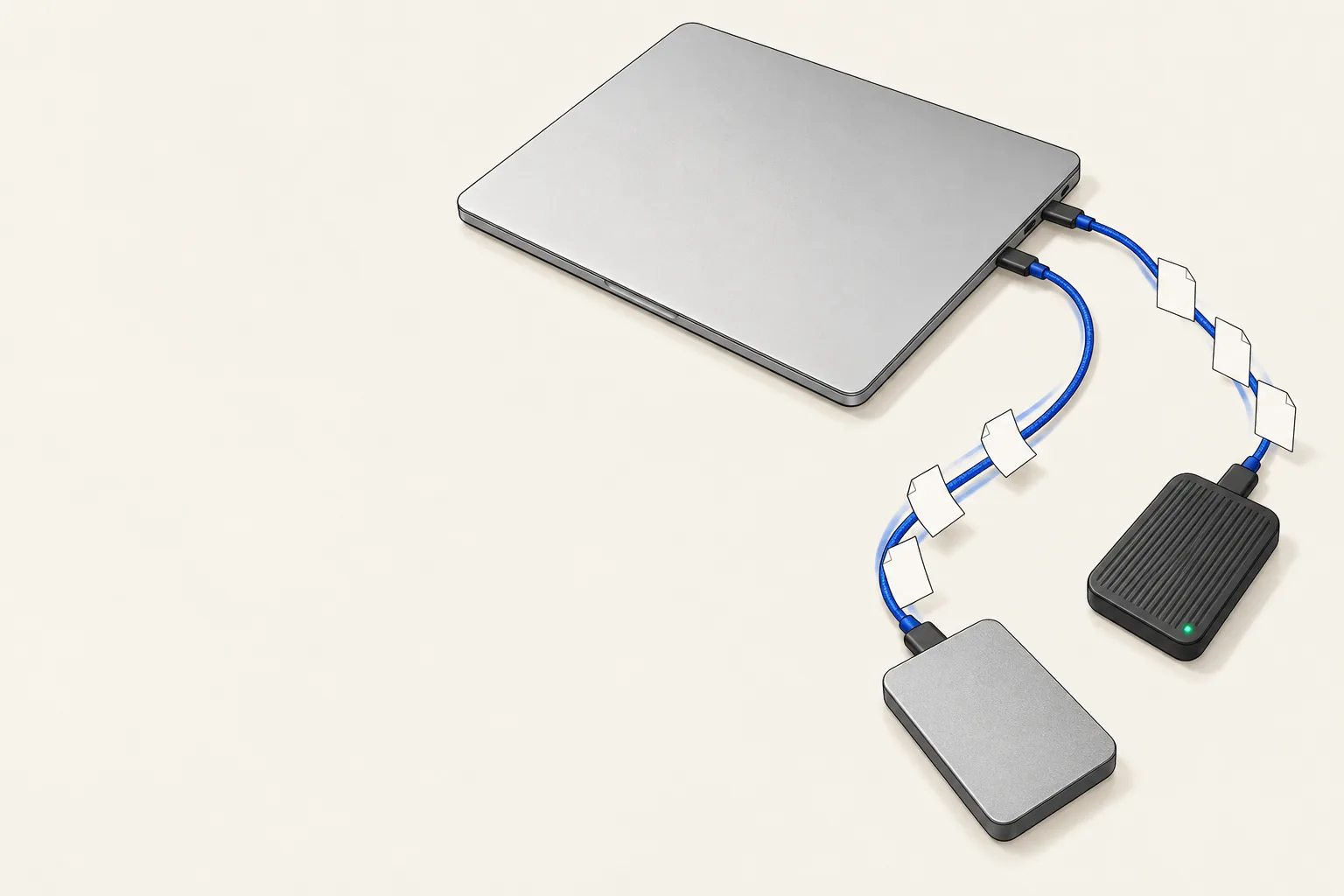 Illustration of a laptop connected to two portable SSDs by blue cables, with paper files travelling along the cables